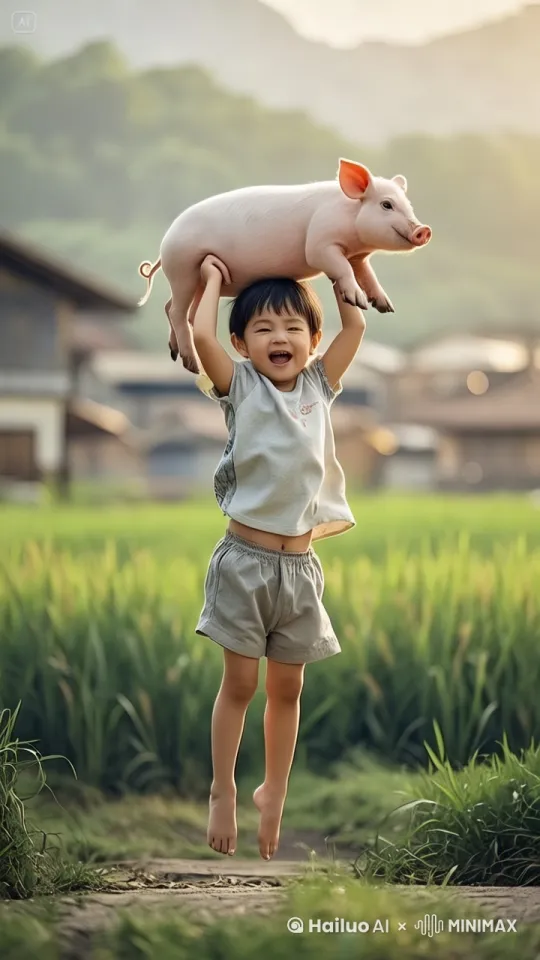 ；“快速高空跟踪镜头移动，无人机视角一个超现实的高速梦境
序列，孩童头顶小猪像自由的精灵一样飞向空中
头部向前，捕捉平滑水平飞行的感觉。头发、衣服随风
摇摆，相机紧密跟踪，相机从略高位置的俯视角度紧密跟踪
从左后方向右后方移动，随着角色迅速穿越场景。环境是动
态的，快速变化，下面开满鲜花的森林，森林里的树枝随风
摆动，远处有湖泊和开满鲜花宛如精灵世界的森林，画面自
然流畅，运动模糊和光迹增强了速度感和流畅性，快速移动 by Hailuo AI Video Generator