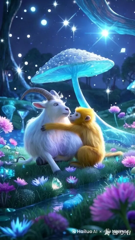 羊和猴亲吻[右移,左摇,跟随] by Hailuo AI Video Generator