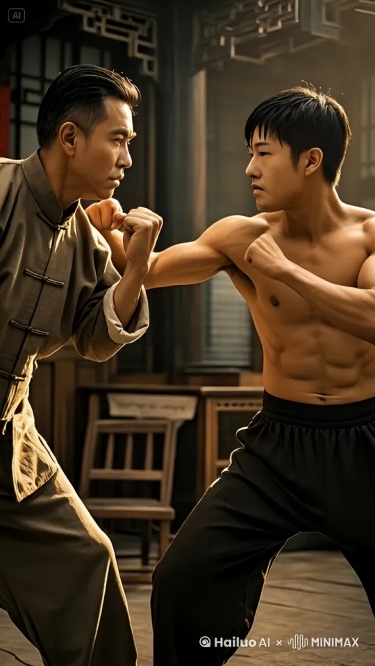 连环拳、飞踢、旋风腿、无影脚、近身搏击 、激烈对攻侧空翻踢击、倒挂金钩、鲤鱼打挺反击、燕返回旋踢、铁线拳连攻、白鹤亮翅格挡、蝎子摆尾突袭，激烈对打打的，左边大汉节节后退，惨叫连连，，惨不忍睹，非常快速的打右边的男人，打左边的人的脸，下巴打的他牙齿掉落，眼睛受伤，口头鲜血，手上流血 by Hailuo AI Video Generator