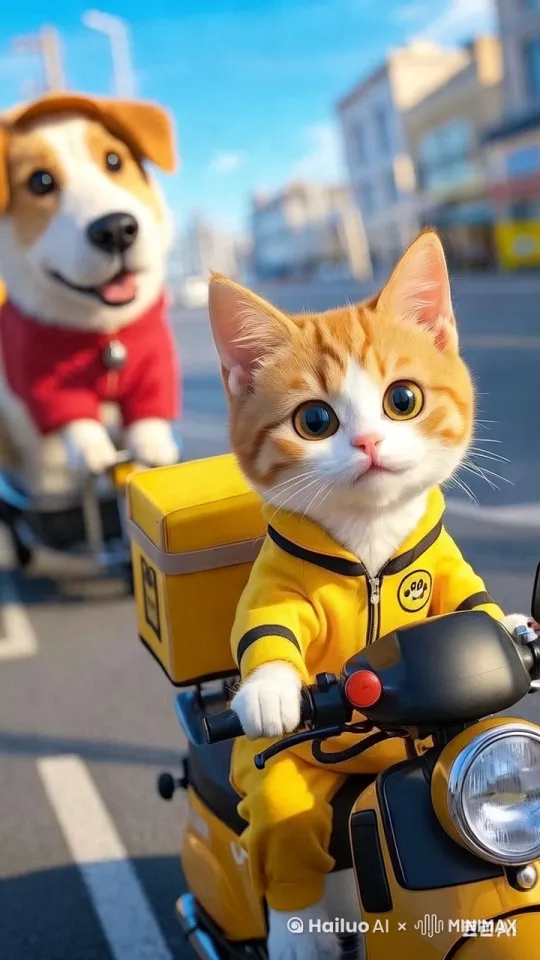 [跟随]小猫开车送外卖 后面狗狗也跟着 by Hailuo AI Video Generator