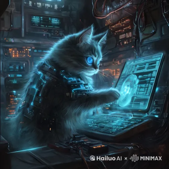 一只电子猫用爪子快速地在全息键盘上操作，屏幕上不断闪烁着代码和数据流。电子猫的脸上带着一丝狡黠的神情，眼睛发出幽蓝色的光芒，闪烁的LED灯和全息显示屏将整个房间照得通亮 by Hailuo AI Video Generator