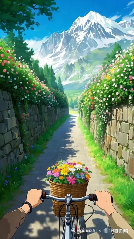 以第一人称视角骑自行车穿越令人惊叹的吉卜力风格风景。前景中，双手紧紧地握住车把，前面的篮子里装满了五颜六色的鲜花。道路两旁高耸的墙壁上开满了生机勃勃的五彩花朵，在微风中轻轻摇曳。这条小路一望无际地延伸到地平线，雄伟的雪山在宁静的天空下拔地而起。阳光透过花瓣，营造出温暖、梦幻的氛围，唤起一种冒险和宁静的感觉。 by Hailuo AI Video Generator