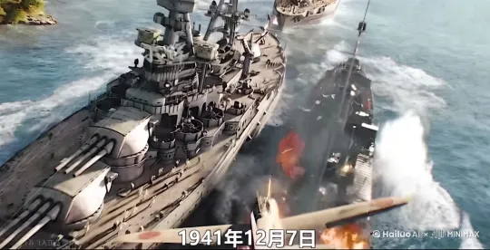 视角拉近，日本战斗机冲向美军航母，航母爆炸起火。时长1分钟。[下降,左移,推进] by Hailuo AI Video Generator