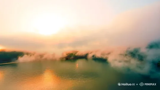 特点：

：水墨仙境
- 画面：漓江薄雾航拍（低空俯冲）→ 渔翁竹筏剪影（逆光）→ 鱼鹰振翅入水（慢镜头）  
- 镜头运动：大范围环绕→定点聚焦→水面涟漪特写  
- 文案关键词："亿万年雕刻的诗画 / 渔火点亮山水晨光" by Hailuo AI Video Generator