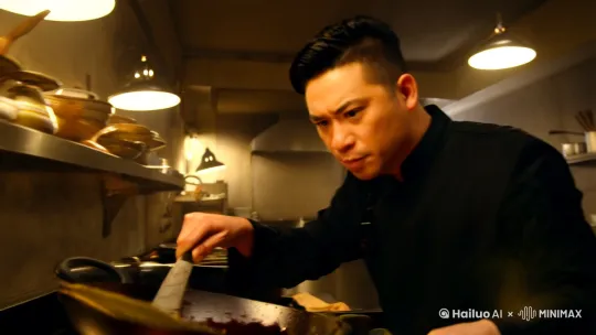哪吒手持锅铲，一脸严肃地盯着锅里的菜，仿佛在施展什么法术。突然，他大喊一声：“急急如律令！”，然后用力翻炒，菜叶飞溅，场面一度失控。 by Hailuo AI Video Generator