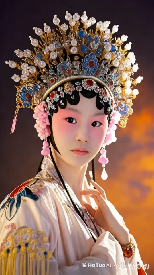 生成一个在古代京剧舞台唱京剧的视频，要有声音，标准的背景腔 by Hailuo AI Video Generator