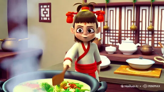  哪吒手持锅铲，一脸严肃地盯着锅里的菜，仿佛在施展什么法术。突然，他大喊一声：“急急如律令！”，然后用力翻炒，菜叶飞溅，场面一度失控。 by Hailuo AI Video Generator