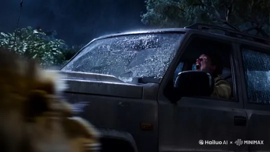 场景描述
"暴雨夜，野生雄狮突然从路边草丛扑向行驶中的越野车，锋利的爪子猛烈击打驾驶位车窗，玻璃瞬间爆裂飞溅，驾驶员惊恐尖叫，狮子张开血盆大口露出獠牙"

镜头细节
[低机位仰拍狮子扑击的压迫感][慢镜头呈现玻璃破碎瞬间][手持镜头晃动增强真实感][雨水打在狮鬃和车窗的特写][车顶视角俯拍驾驶员躲避动作] by Hailuo AI Video Generator
