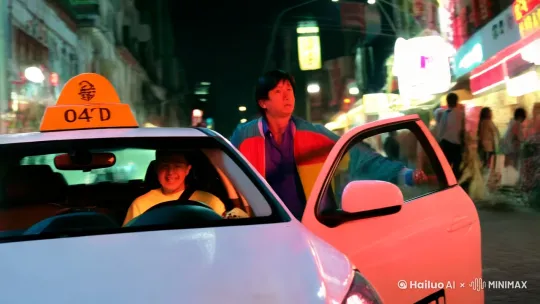 远景镜头，香港街道夜景，有出租车停下，从中景到近景，男主从车上下车，浮夸打扮。整体色调为高饱和暧色调，人物环顾四周，周围是舞厅外喧闹的人群。 by Hailuo AI Video Generator