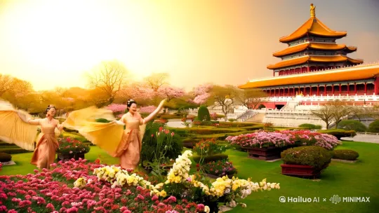 中国古典宫廷风格，春日暖阳洒满禁宫，一对身着华丽新绣春装的宫女在精致园林中轻盈嬉戏，仿佛春莺展翅。她们穿梭于百花争艳之间，以百草为媒，进行一场优雅的花下斗草游戏，胜者以珠玑为赏，欢声笑语盈盈。午后时光，一位宫女在雕花铜镜前细心整理残妆，准备再次展现风采。随后，她于御前献上一曲《霓裳羽衣舞》，舞姿曼妙，旋转间裙摆飞扬，笑容可掬，尽显女子柔美与智慧，令君王倾心不已。画面以细腻笔触描绘，色彩丰富而和谐，充满东方古典韵味。中远景，捕捉舞蹈瞬间，展现宫廷生活的精致与高雅。 by Hailuo AI Video Generator