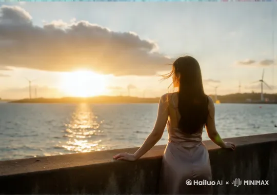 一女孩，缓缓趴在栏杆上，惬意地欣赏夕阳，光线柔和。去除右下角水印 by Hailuo AI Video Generator