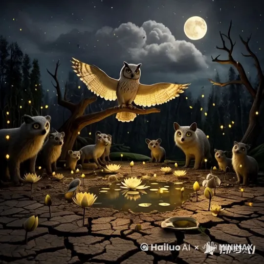 提示词：月光泉干涸场景，龟裂的泥土上散落着枯萎的睡莲，月光被乌云遮挡，森林动物们围成半圆形，猫头鹰站在橡树枝头展开翅膀，背景有零星萤火虫 by Hailuo AI Video Generator