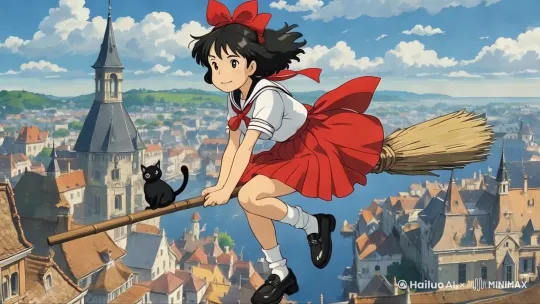 小女孩和小黑猫骑乘扫帚飞行，她的头发和裙子在空中飞扬。快速高空跟踪镜头移动，无人机视角，一个超现实的高速梦境序列。平滑水平飞行的感觉。衣服随风摇摆，相机从略高位置的俯视角度紧密跟踪从左后方向右后方移动，保持对飞行姿势的持续视角，随着角色迅速穿越场景。 by Hailuo AI Video Generator