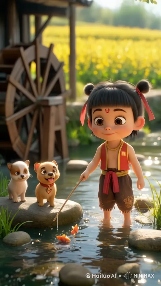 [左摇，拉近]哪吒那根棍子在小溪钓鱼，[右摇,上升,推远]出现另一个小孩，笑哈哈的指着哪吒。 by Hailuo AI Video Generator