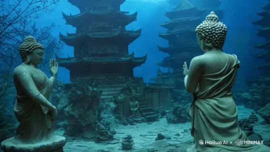 镜头从低机位地面镜头开始，缓缓前推并上升，随着镜头的移动，画面穿过两尊佛像，镜头继续上升，拍摄到背景建筑的顶部。 by Hailuo AI Video Generator