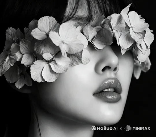 女孩转头俨然一笑，眼睛上的花朵飘散在空中 by Hailuo AI Video Generator