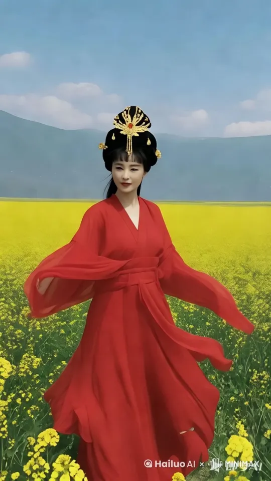 美女飞身一个筋斗翻身坐上一辆红色摩托车，双手握方向盘，脚踏油门，往前方开走，油菜花地往后移动， by Hailuo AI Video Generator