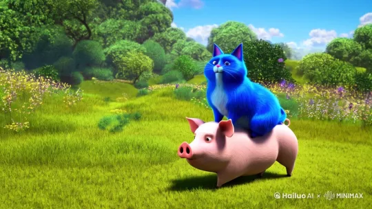 一只非常非常胖的蓝色猫在猪上骑着 by Hailuo AI Video Generator