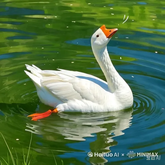 大白鹅伸长脖子，弯曲着颈项，朝着天空欢快鸣叫，红色的脚掌在水中划动， by Hailuo AI Video Generator