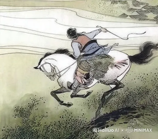 黄昏时分的骊山华清宫，山顶宫殿群层叠矗立，朱红宫门次第敞开。一匹快马飞驰于蜿蜒山道，马蹄扬起滚滚红尘，骑士背插驿旗，面色疲惫 by Hailuo AI Video Generator
