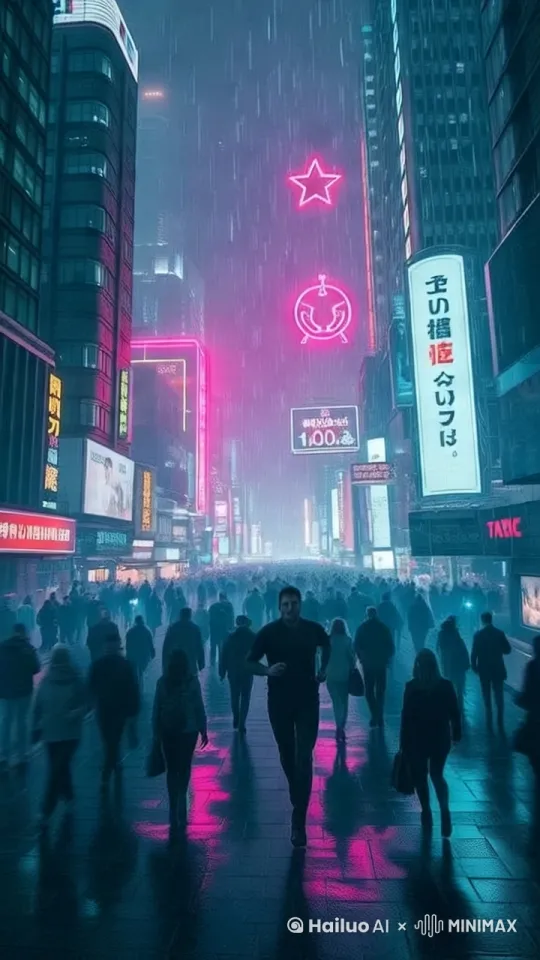 赛博朋克城市景观，全息投影，发光的二进制代码雨，霓虹折射效果，数字故障纹理，动态视角跟踪镜头，主角在数据流街道狂奔，霓虹灯牌分解为二进制粒子[推进,上升] by Hailuo AI Video Generator