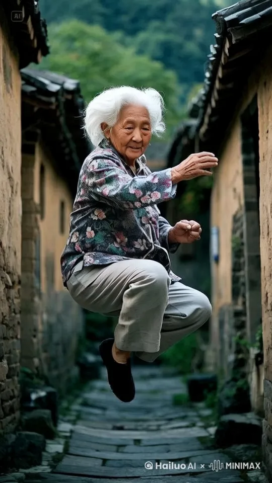 Create a 6-second video of a silver-haired rural elderly woman demonstrating martial arts with the ability to scale walls and leap between rooftops. The video should start with a wide shot of the woman in a traditional rural setting, with mud walls and bamboo fences in the background. As the video progresses, she performs a series of dynamic martial arts moves, including a graceful leap onto a rooftop, showcasing her agility and skill.

The camera should follow her movements smoothly, capturing her in mid-air as she defies gravity, with her silver hair and red belt flowing in the wind. The lighting should be natural, with moonlight casting a soft glow, enhancing the mystical and powerful aura of the scene. The video should end with her landing softly on the rooftop, looking poised and ready for the next move, with the sound of rustling leaves and distant village sounds in the background.

Use a blend of tranquility and martial prowess to convey the essence of a skilled yet humble rural martial artist. The video should be vibrant and engaging, with a focus on the fluidity and grace of her movements.[晃动,跟随] by Hailuo AI Video Generator