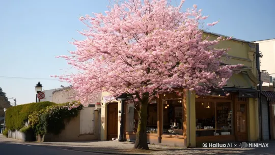 晴空万里，街角有一颗樱花树，旁边有一家漂亮的咖啡店里面没有人，樱花树在落叶 by Hailuo AI Video Generator