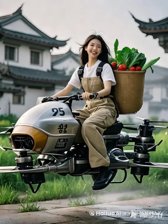 女子骑着飞行摩托在草地飞驰，快速飞行，飞到了菜地，镜头移动动态跟随。 by Hailuo AI Video Generator