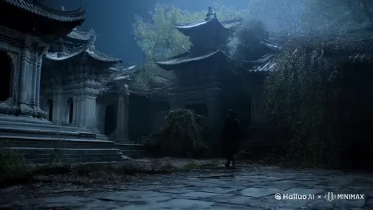 中国古代风格，一个人深夜走进破庙[右移,左摇,跟随] by Hailuo AI Video Generator