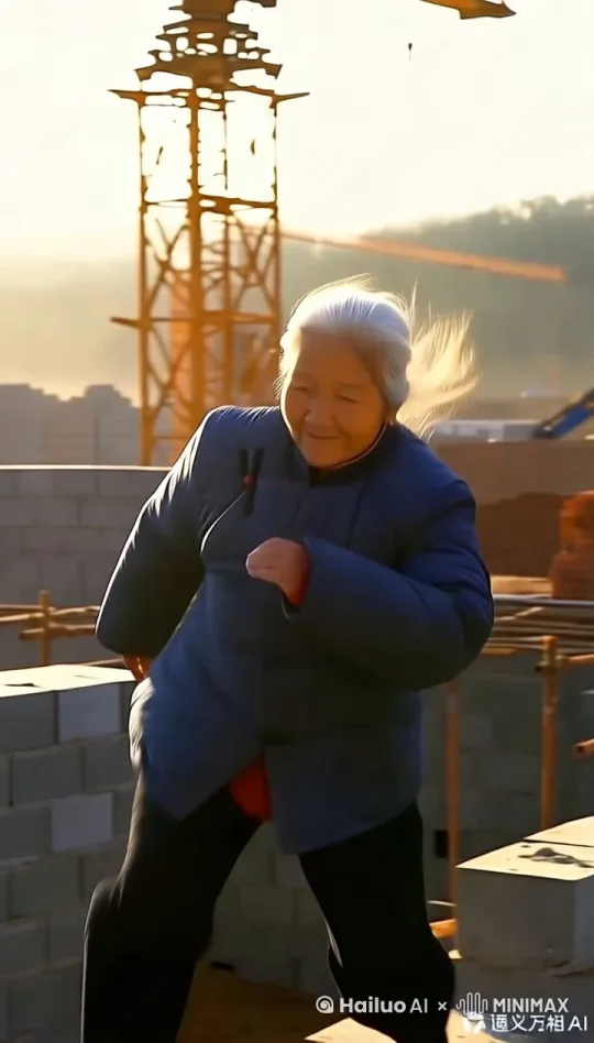 老奶奶在工地上跑酷，飞檐走壁[变焦拉远,跟随][左移,跟随] by Hailuo AI Video Generator