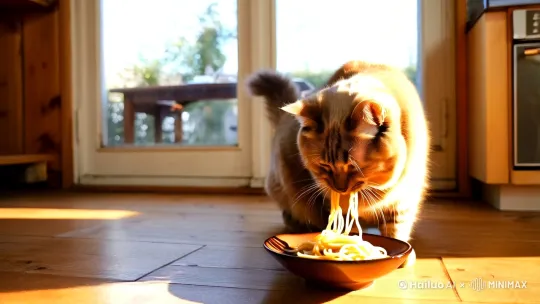 一只猫在吃面条 by Hailuo AI Video Generator