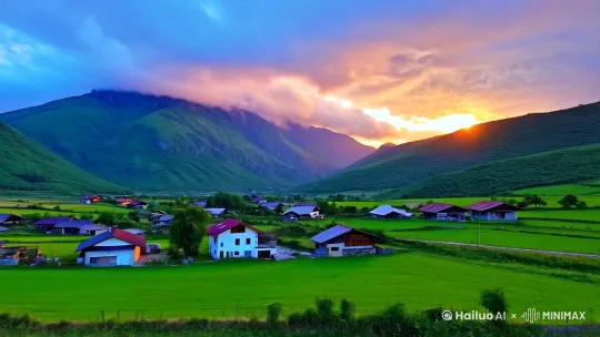 乡村房屋：背景是乡村房屋，这些房屋通常是村民们居住的地方，展示了乡村生活的居住环境。
自然景观：青山、落日和彩云，这些自然景观为画面增添了宁静祥和的氛围。青山象征着自然的永恒，落日则象征着一天的结束和宁静的到来，彩云则为整个画面增添了梦幻的色彩。 by Hailuo AI Video Generator