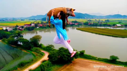 快速高空跟踪镜头移动，无人机视角，背景在一个中国农村的水库上，一个美女扛着一头猪的姿势向前飞行，轻松地在水库上踏空飞行，她双手扛着一头猪，双腿像中国轻功一样在空中飞纵，往前疾奔，仿佛在空中踏出一条路，捕捉平滑飞行的感觉。衣服和头发随风摇摆，相机从略高位置的俯视角度紧密跟踪从左后方向右后方移动，随着角色穿越场景。环境是动态的，快速变化，不断往后掠过的自然景观，四周是稻田和错落的村落。 by Hailuo AI Video Generator
