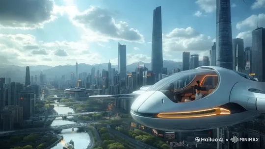 右移，左摇，镜头跟随主体，飞行汽车快速飞向远方。 by Hailuo AI Video Generator