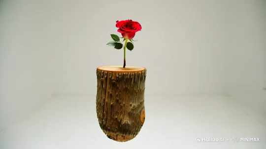 白色的房子里，一个木桩挂在半空中，在木桩上面盛开着一朵红色的玫瑰，镜头最后给玫瑰一个特写 by Hailuo AI Video Generator