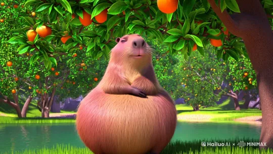A chubby capybara, with a round, smooth and hairless big belly, looks extremely cute and naive. Its fur is as smooth and delicate as silk, making it incredibly adorable. It is standing by a pond full of orange trees, leaning against an orange tree with its eyes closed, enjoying a moment of peace. Suddenly, an orange hits its head, waking it up. Interestingly, the orange stays steadily on its head without falling. With a delighted expression, it is about to use its paw to take the orange down to eat. Unexpectedly, two more oranges fall down one after another. Amazingly, the three oranges stack on top of each other and still remain stable. It opens its mouth and smiles. Just as it is about to pick the oranges to eat, they start to slide off its head one by one. The capybara opens its mouth wide and eyes big, looking astonished. The change of expressions before and after is really cute and hilarious. Presented in 32K high - definition camera style, the picture has a cinematic texture. The photography style follows Zhang Yimou's movies, highlighting details and emotional expressions, presenting a lively and vivid atmosphere, with an aspect ratio of 9:16. by Hailuo AI Video Generator