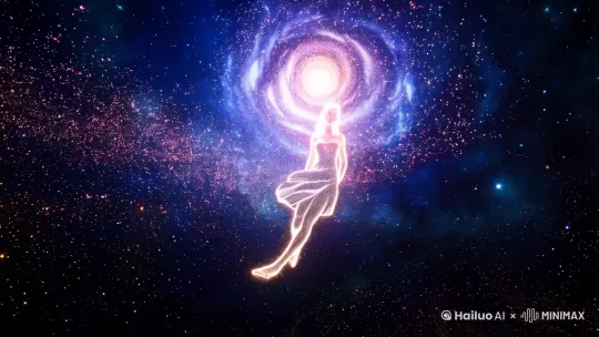 银河漩涡背景中光影粒子流构成奔跑姿态,恒星集群形成面部光晕,星尘轨迹编织赤足与飘散长发,暗物质流勾勒兽皮裙褶皱,动态粒子光束模拟肢体运动轨迹,哈勃深空摄影风格呈现星系纹理,冷调电离云与暖色星团形成霓虹轮廓,光线追踪强化粒子流动态模糊,8K超清天体摄影画质,虚幻引擎渲染的流光拖尾效果,浅景深突出空间运动层次 by Hailuo AI Video Generator