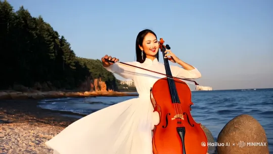 一个中国美女身穿白色裙子，在海边深情地拉着大提琴，太阳的阳光柔和的打在她身上，优雅而美好，镜头逐渐推进，聚焦于她的裙子上 by Hailuo AI Video Generator