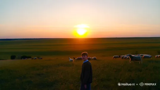 在辽阔的草原尽头，夕阳缓缓西沉，
金色的余晖如温柔的纱幔，轻柔地铺展在无垠的绿野。
一个放羊的少年，驻足在这片光与影的交界，
他的目光穿越了时空，追逐着那轮渐渐隐没的落日。
羊群在他身旁悠然踱步，
而他的心中，却早已随着那远去的夕阳，
飞向了无边的自由与梦想。 by Hailuo AI Video Generator