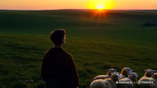 在辽阔的草原尽头，夕阳缓缓西沉，
金色的余晖如温柔的纱幔，轻柔地铺展在无垠的绿野。
一个放羊的少年，驻足在这片光与影的交界，
他的目光穿越了时空，追逐着那轮渐渐隐没的落日。
羊群在他身旁悠然踱步，
而他的心中，却早已随着那远去的夕阳，
飞向[右摇,变焦推进]了无边的自由与梦想。 by Hailuo AI Video Generator