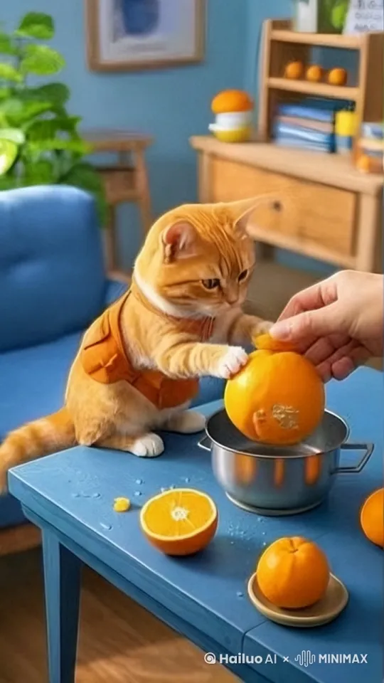 剥开橘子，猫咪抢着吃 by Hailuo AI Video Generator