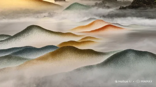 **主题描述**  
"Chinese ink painting animation, Mi Fu's 'Mi Dian Cun' dotting technique, misty Jiangnan landscape: layered dot clusters forming mountain textures, dynamic ink diffusion on rice paper, morning fog over Zhenjiang (Jinshan Temple silhouette, river mist), soft golden light penetrating clouds, color palette: gray-white base with celadon and ochre accents, traditional xuan paper texture overlay."  

**动态特效参数**  
- 笔触生成：`Particle system simulating ink dots (density:0.7, size variation:0.3-1.8), vertical brush strokes with ink gradient from opaque to translucent, S-shaped mountain composition`  
- 实景融合：`Low-saturation live footage (mask gradient transition 3.5s), multiply blend mode, motion blur 15%, ink layer opacity:60%-80% keyframed with fog movement`  
- 云雾模拟：`Fluid dynamics fog (velocity field:0.6), transparency peaks synchronized with mountain reveals, drifting mist particles with trail effects`  

**增强指令**  
`[Prohibit mechanical patterns] Add 12% Perlin noise to ink dots, [Required] calligraphy seal animation in top-right corner (Mi Fu's semi-cursive script), audio hint: guqin notes on brush impact points`  

**分层渲染建议**  
`Separate passes: 1. Ink-layer alpha channel 2. Fog RGB+Depth map 3. Background gradient wash, composite with light leak overlay (intensity:0.3)` by Hailuo AI Video Generator