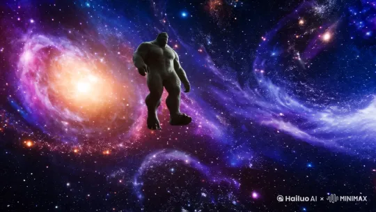 绘制人类猜想的没有边际星空河系图，一个巨人在星空中行走，一个跨步就迈过几个河系。 by Hailuo AI Video Generator