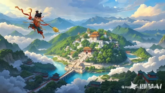 画面主体哪吒动态呈现自然，哪吒踏着一片云从远处飞来，身边光线莹饶，云彩时隐时现，镜头平移跟随跟随镜头在动 by Hailuo AI Video Generator