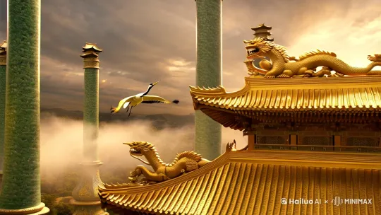 A crane with golden-tipped wings flying over a golden palace roof with intricate dragon carvings, morning mist swirling around jade pillars, sunlight filtering through clouds in traditional Chinese ink painting style, ultra-detailed textures, 9:16 aspect ratio --v 6.1 动态衔接:每集结尾保留0.5秒金粉粒子特效,作为系列视频的转场标识 by Hailuo AI Video Generator