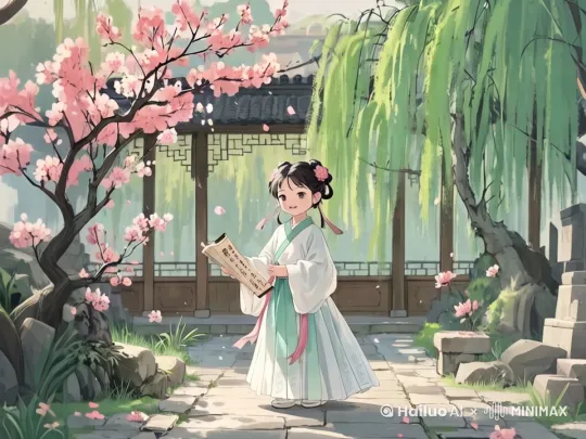[跟随,左摇][变焦推进]读书，慢慢走动，微风，花瓣飘落，树叶飘摆，树枝上有小鸟觅食， by Hailuo AI Video Generator