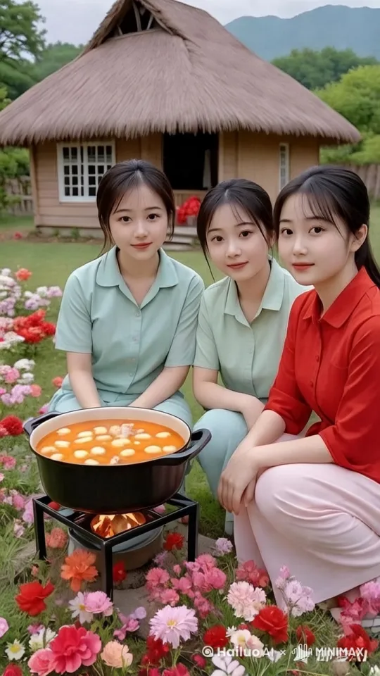三姐妹笑容灿烂，火在锅底下生旺，锅里的荡滚滚花草随风摆动 by Hailuo AI Video Generator