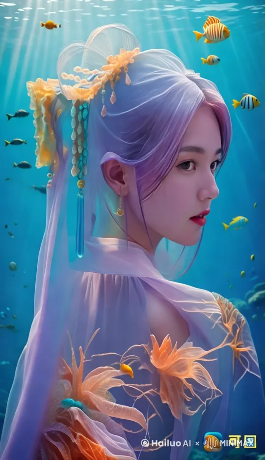 [左移,推进,右摇]少女慢慢张开双臂
[推出,上升,下摇]鱼儿在少女周围游动 by Hailuo AI Video Generator
