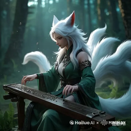 一段超真实画面质感的视频，场景中烟雾缭绕，营造出神秘梦幻的氛围。一只浑身雪白的拟人化九尾狐，身着飘逸的古风服饰，九条蓬松且带有迷人光泽的尾巴微微晃动，彰显其灵动与优雅。九尾狐坐在古雅的琴榻前，眼神专注投入，双手轻柔地抚动古琴琴弦，双手手指放在琴弦上拨动琴弦，动作细腻逼真，古琴纹理清晰可见，泛着古朴的光泽。周围的烟雾随着琴音缓缓流动，光影交错，为整个画面增添了一份神秘的东方韵味。 by Hailuo AI Video Generator
