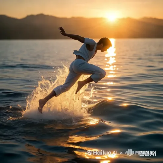 运动员快速在水面上奔跑，水面上溅起一溜水花。镜头由俯拍变为低拍跟踪后移定位拍摄，直到运动员跑完缩小 by Hailuo AI Video Generator